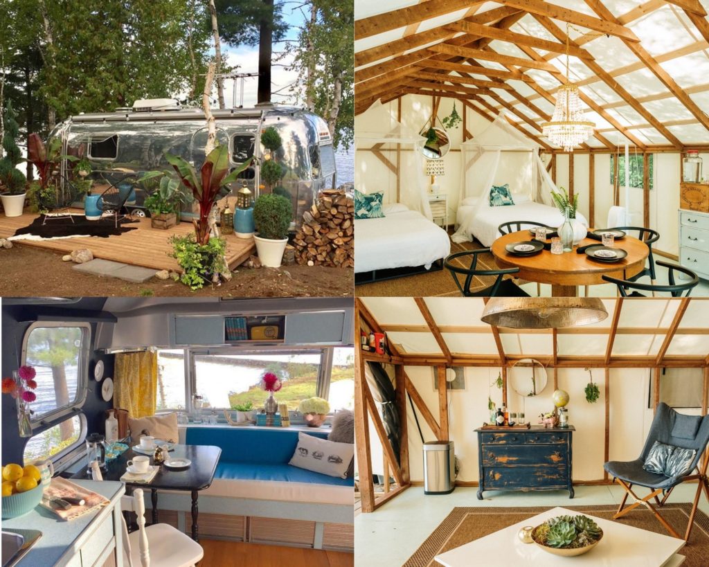 Set of four photos of glamping options at Northridge Inn, including a renovated Vintage Airstream and a modern Yurt-style tent